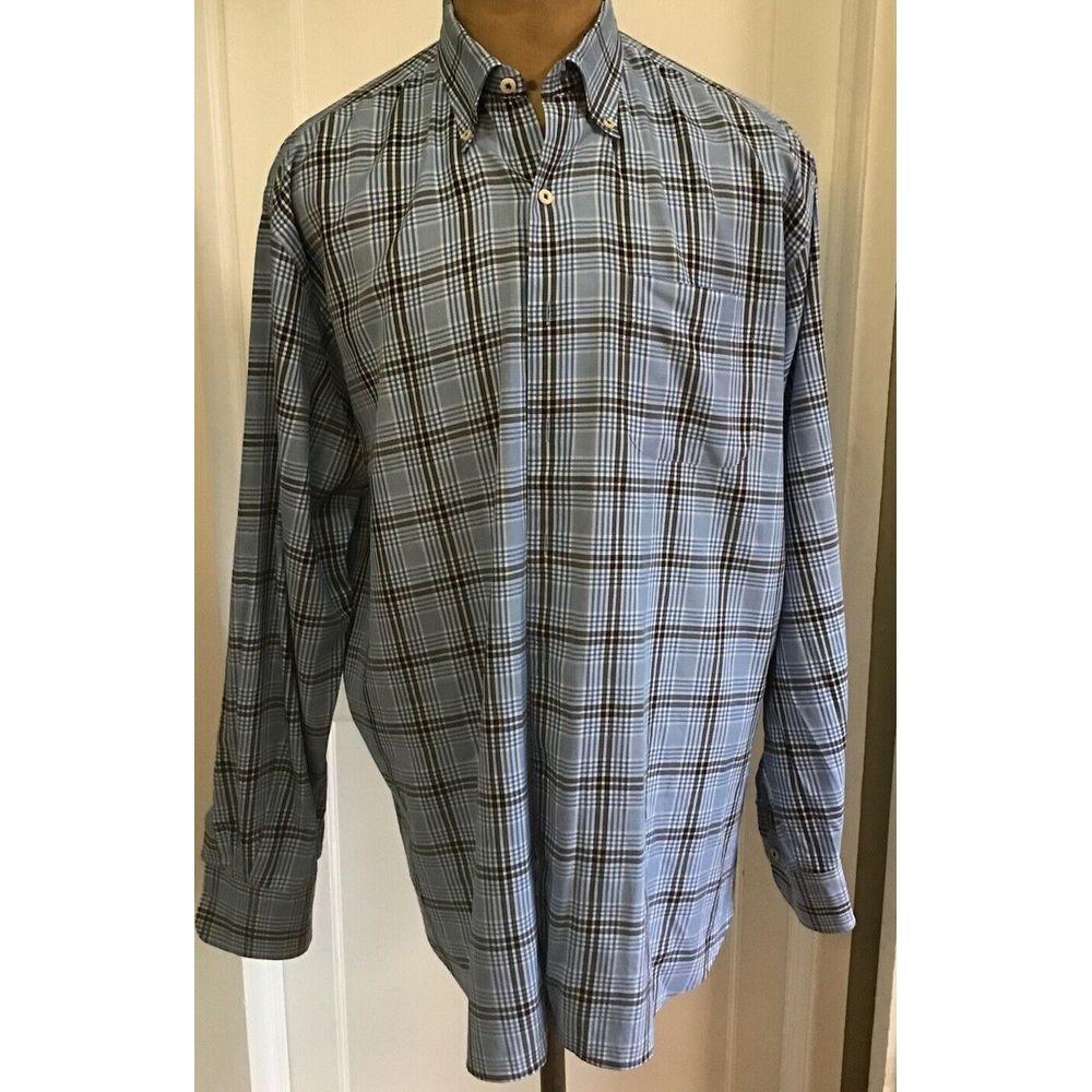 Peter Millar Houndstooth Windowpane Plaid  Button Down Shirt XL Men's Blue White